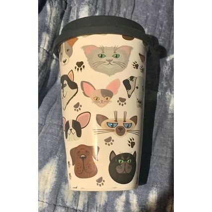 Pet Lover Travel Mug Dogs Cats Paw Prints Double Walled Ceramic With Lid 12oz