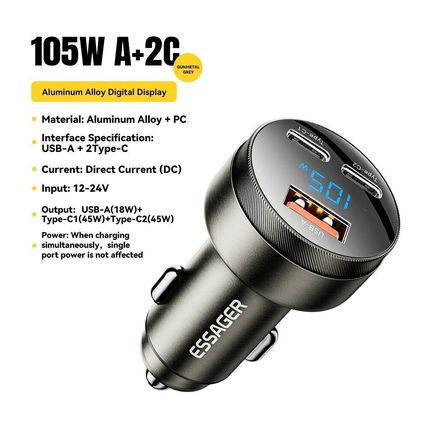 Essager Digital Fast Car Charger 105W Made for MacBook Lenovo Truck Lorry 12-24V