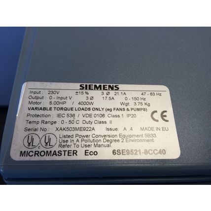 New SIEMENS 6SE9521-8CC40,DR AC 6SE95 230V 3PH 5HP 15.2A,6SE9-521-8CC40,FC