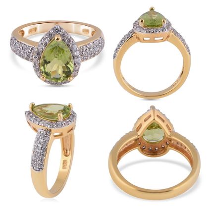 2.5ct Hebei Peridot Zircon Pear Halo Ring Size O 14k Gold Over 925 Solid Silver