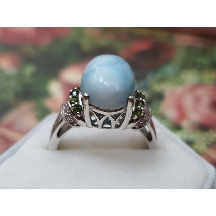 8ct Oval Larimar Diopside Zircon Solitaire Ring Sz Q½ to R Rhodium on 925 Silver