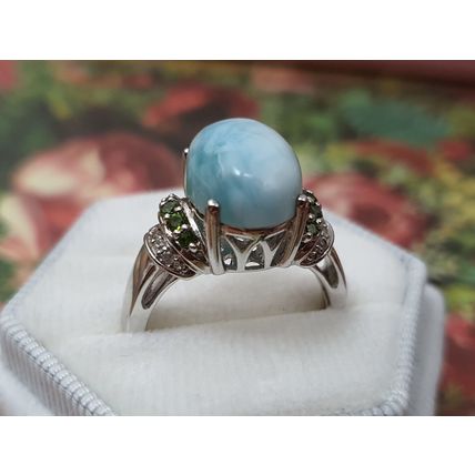 8ct Oval Larimar Diopside Zircon Solitaire Ring Sz Q½ to R Rhodium on 925 Silver