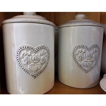 White Ceramic Storage Jar with Floral Heart Detail - Set of 3