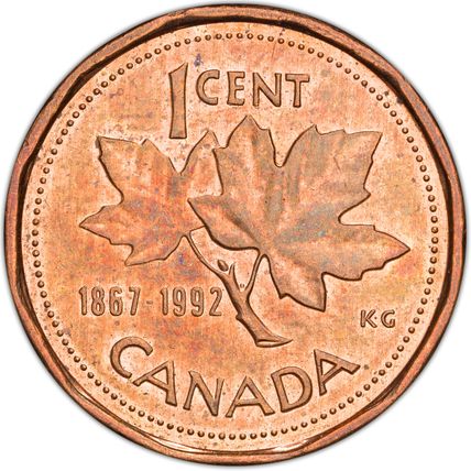 1992 CANADA ELIZABETH II 1 CENT AU/BU TONED COIN