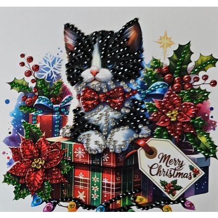 Handmade Diamond Art Christmas Card with Christmas Kitten Size 6" x 6"