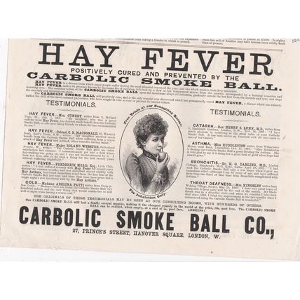 1892 CARBOLIC SMOKE BALL CO (HAY FEVER REMEDY) MAGAZINE ADVERT