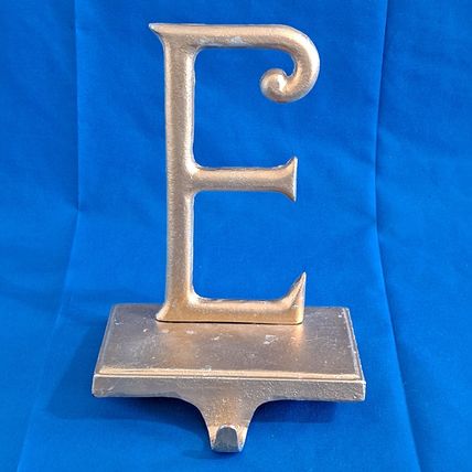 LARGE 8" tall Gold Colored Metal LETTER E Christmas STOCKING HANGER Holder Hook