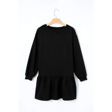 Black Solid Color Puff Sleeve Ruffle Hem Mini Dress