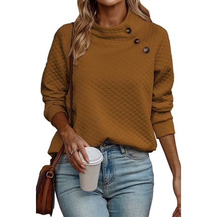 Chestnut Quilted Buttoned Neckline Stand Neck Pullover Sweatshirt