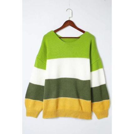 Green Plus Size Color Block Patchwork Sweater