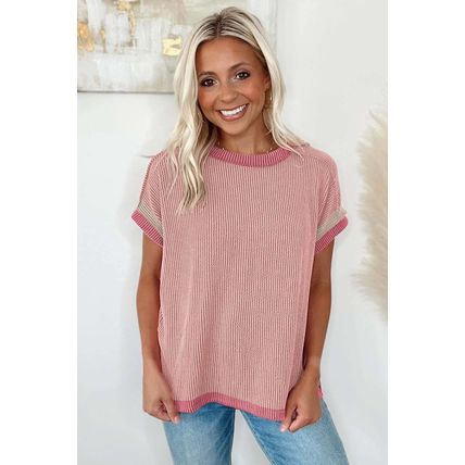 Light Pink Textured Contrast Trim Round Neck T Shirt