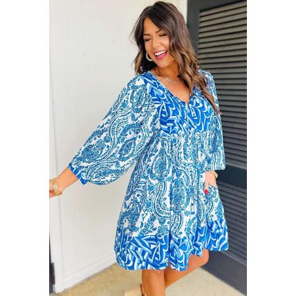 Sky Blue Bohemian Print Puff Sleeve Tied V Neck Flared Mini Dress
