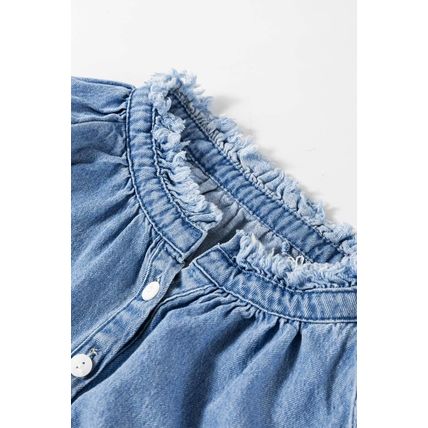 Sky Blue Frilled Raw Hem Half Buttoned Denim Top