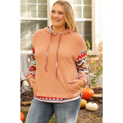Khaki Aztec Patchwork Waffle Knit Plus Size Hoodie