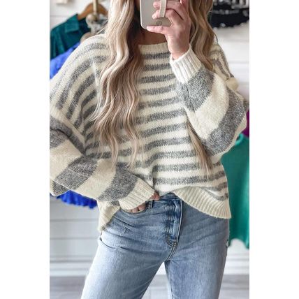Gray Stripe Drop Shoulder Crew Neck Sweater