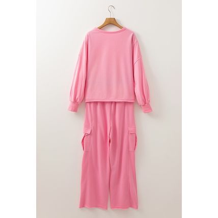 Sachet Pink Solid Color Patchwork Pullover Top and Cargo Pants Set