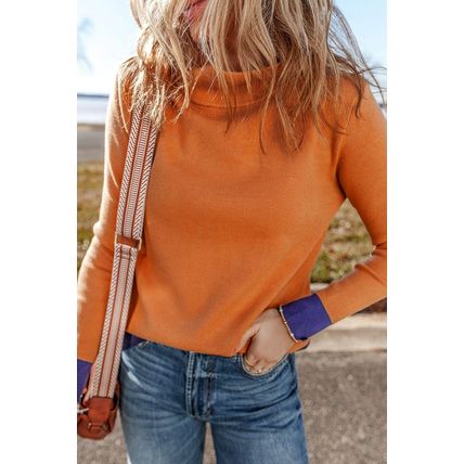 Straw Yellow Color Contrast Edge Mock Neck Slim Fit Sweater