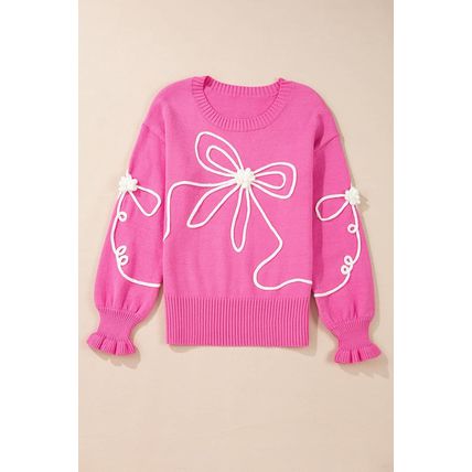 Bright Pink Corded Flower Bow Ribbed Trim Casual Sweater