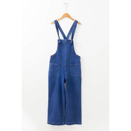 Prussian Blue Mineral Wash Knotted Strap Patched Pocket Wide Leg Denim Overalls