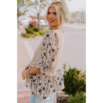 Beige Faux Two Piece Knit Patchwork Floral Print Plus Size Top