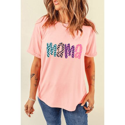 Pink Checkerboard mama Printed Crew Neck Tee
