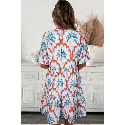 Orange Contrast Palm Tree Printed Short Sleeve Flowy Dress