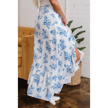 Sky Blue Boho Floral High Waist Ruffle Split Maxi Skirt