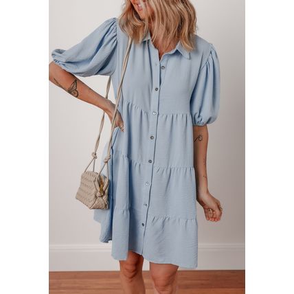 Beau Blue Shirt Collar Button Up Short Puff Sleeve Tiered Shift Dress