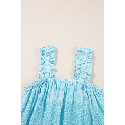 Sky Blue Tribal Pattern Print Ruffled Wide Straps Loose Tank Top