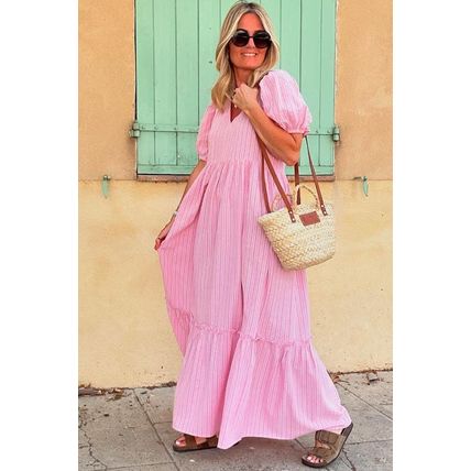Pink Stripe V Neck Puff Short Sleeve Maxi Dress