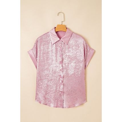 Pink Metallic Sheen Short Sleeve Buttoned Front Casual Shirt