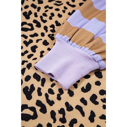 Purple Stripe Color Block Patchwork Leopard Casual Sweatshirt with Slits