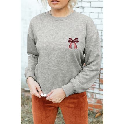 Gray Football Bow Print Drop Shoulder Pullover Sweatshirt
