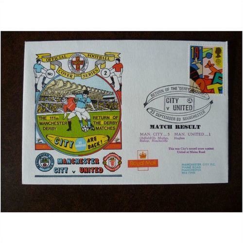 1989 Manchester City v Manchester United Dawn Football Cover No 2 stamp Derby