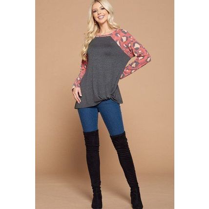Women's Casual French Terry Side Twist Top With Animal Print Long Sleeves