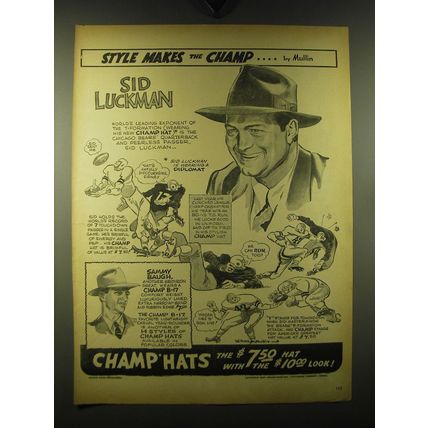 1947 Mullin Champ Hats Ad - Sid Luckman and Sammy Baugh