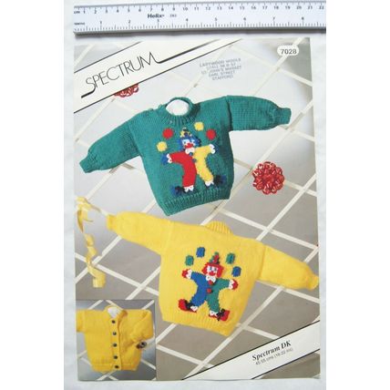 1986 Spectrum 7028 clown sweaters & cardigan, DK, 18-22 inch, 45-55 cm