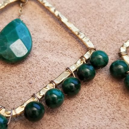 Green & Gold Wire Wrapped Bead Square Earrings