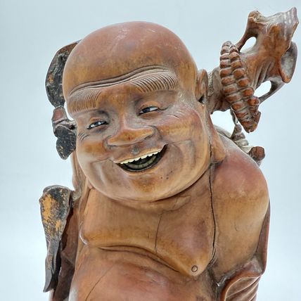 Antique Fine Hand Carved Laughing Buddha Chinese Figurine Folk Art 9.5” Solid