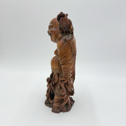 Antique Fine Hand Carved Laughing Buddha Chinese Figurine Folk Art 9.5” Solid
