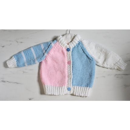 Hand Knitted Pink, Blue & White Chunky Wool Cardigan to fit 18-24 months
