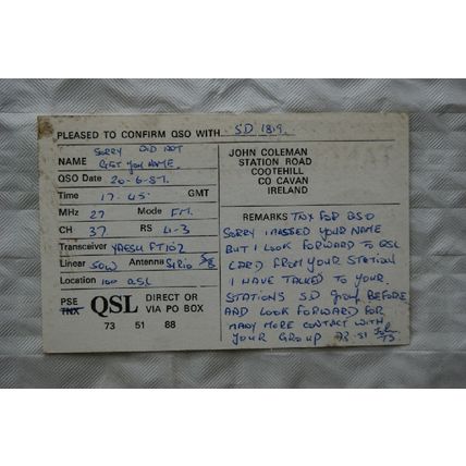 1987 QSL Card Irish CB Station Tango Siera, Cavan