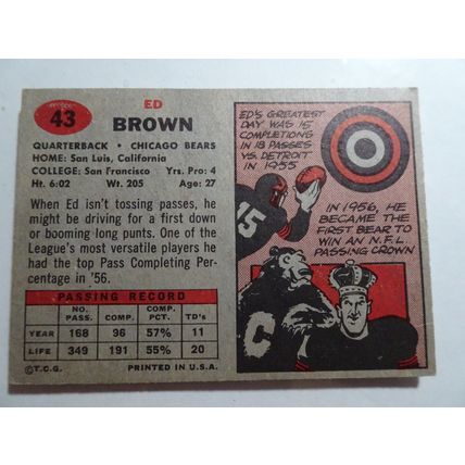 1957 Topps Football Card # 043 Ed Brown Very Good (3) Chicago Bears