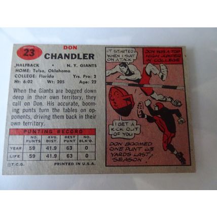 1957 Topps Football Card # 023 Don Chandler Very Good (3) New York Giants