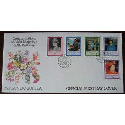 Papua New Guinea 1986 60th Birthday Queen EII FDC stamps Royalty SG520-4 flowers
