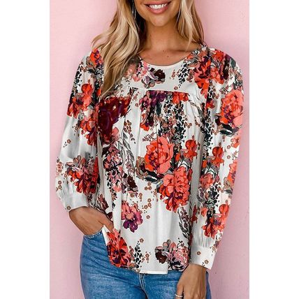 Red Retro Floral Long Sleeve Blouse