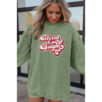 Grass Green Merry & Bright Sequin Ribbed Crew Neck Sweatshirt