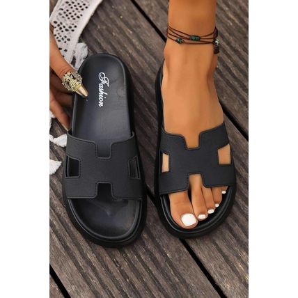Black Cutout Design Open Toe Platform Slippers
