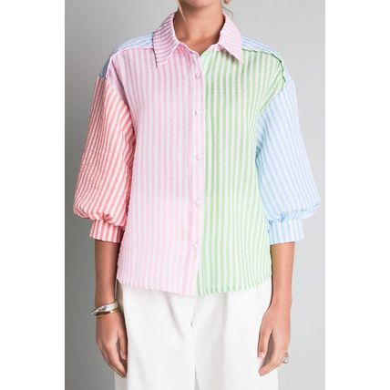 Pink Stripe Color Block Balloon Sleeve Buttoned Loose Fit Shirt