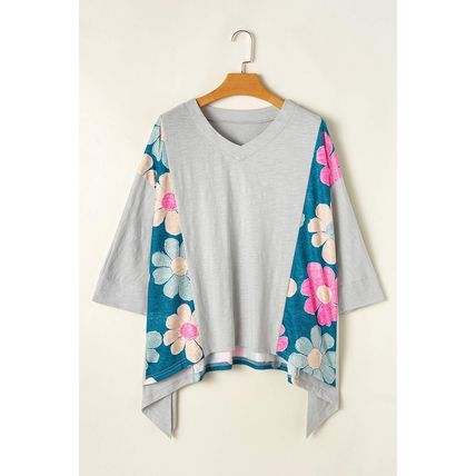 Green Flower Patchwork Exposed Seam Oversized High Low Top